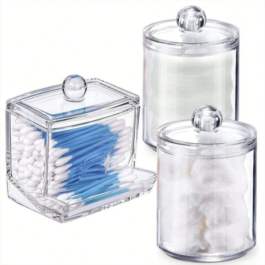 3pcs Clear Plastic Swab Dispenser and Qtip Holder for Bathroom - Storage Canister for Bath Salts, Rounds and More