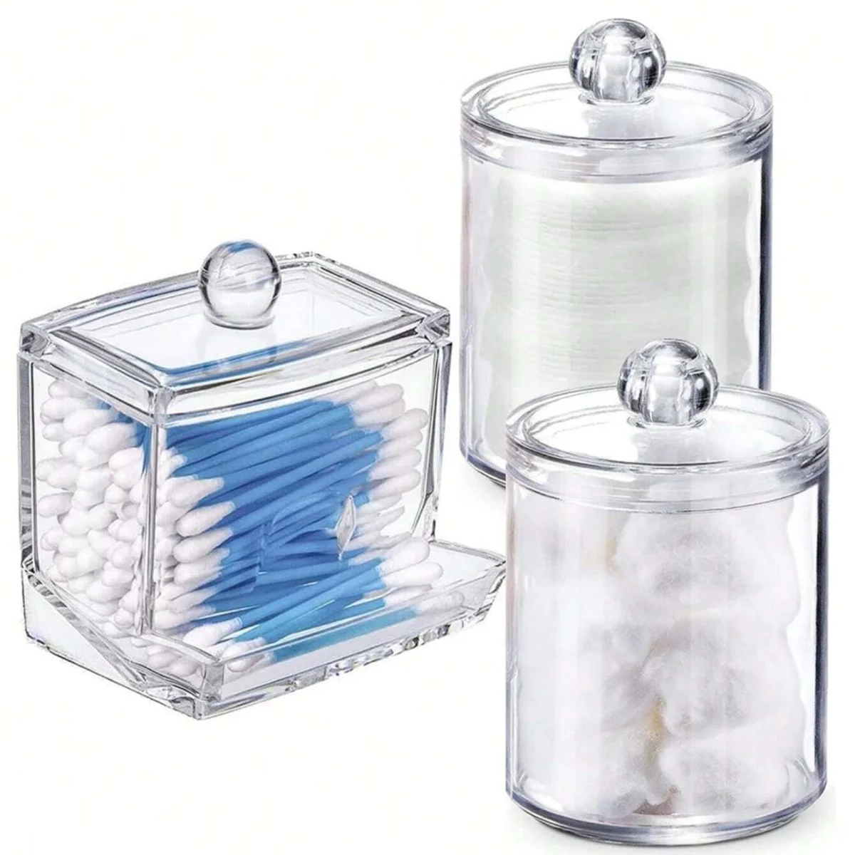 3pcs Clear Plastic Swab Dispenser and Qtip Holder for Bathroom - Storage Canister for Bath Salts, Rounds and More