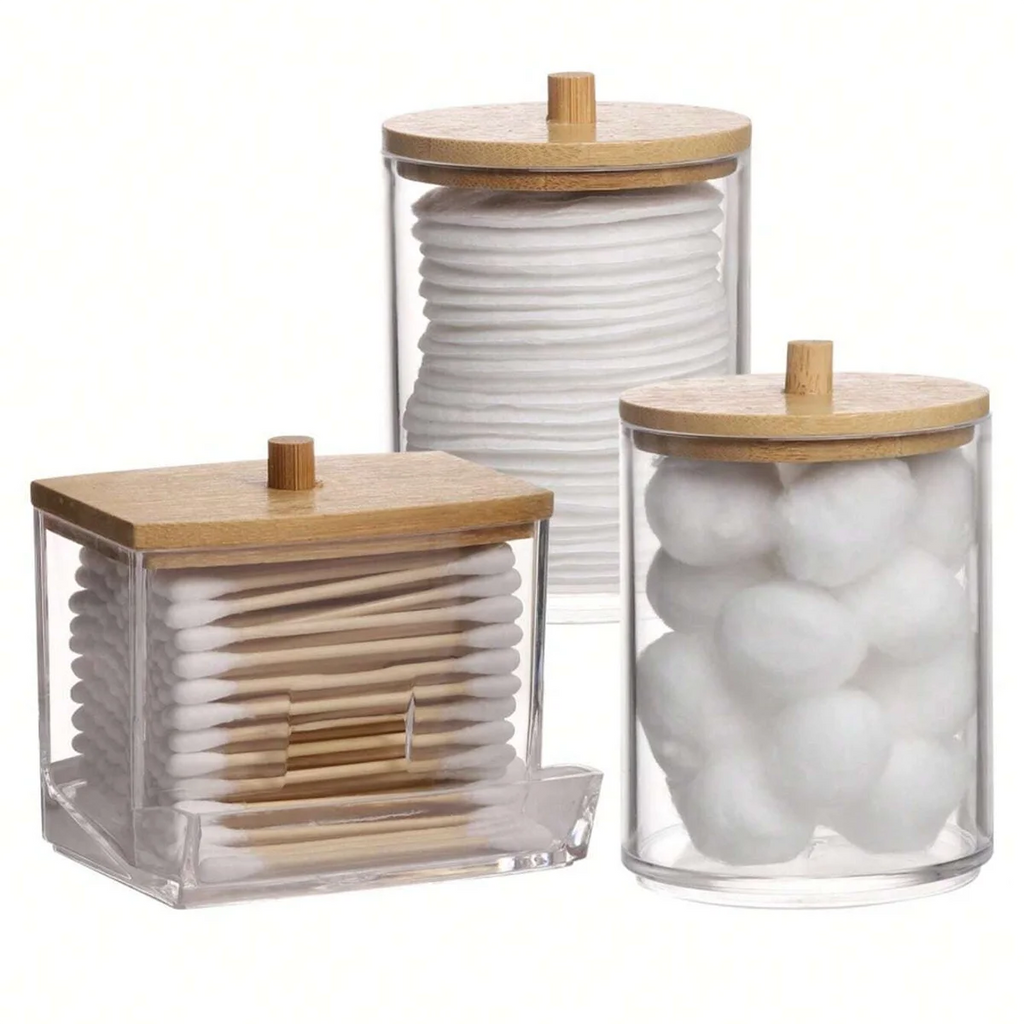 3pcs Clear Plastic Swab Dispenser and Qtip Holder for Bathroom - Storage Canister for Bath Salts, Rounds and More